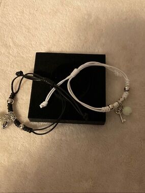 Black & White Cord Charm Bracelet Set with Silver Accents